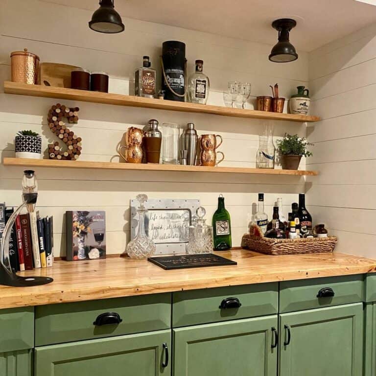 Open Shelving and Wooden Counter