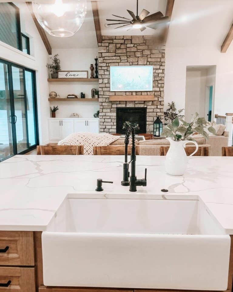 Open-concept Kitchen With Stone Fireplace