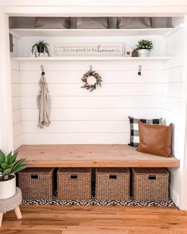 Open-faced Built-in Shelving for Mudroom Organization