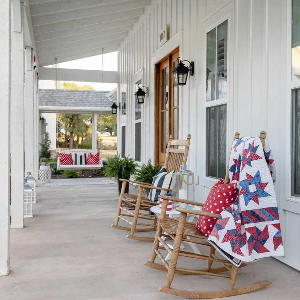 Patriotic Quilt on Front Porch Wooden Rocking Chair
