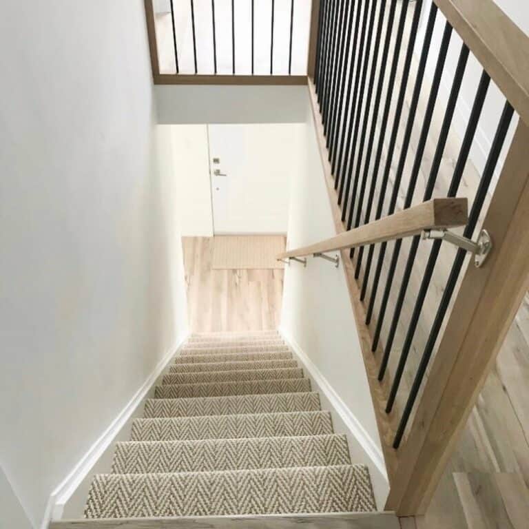 Patterned Beige Runner With Stained Wood Handrail