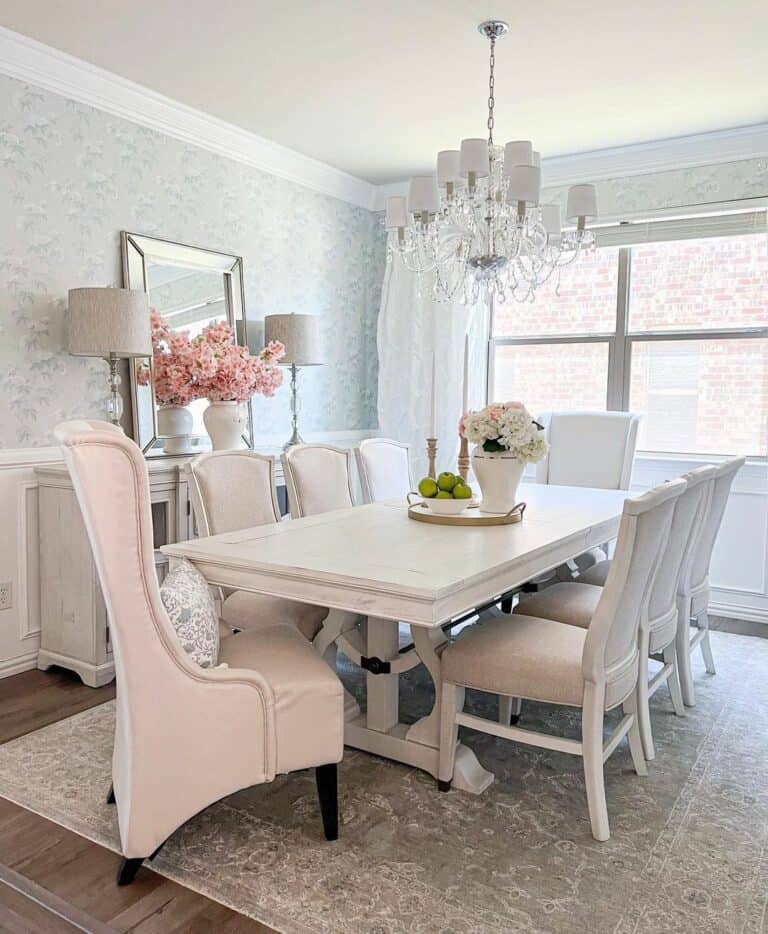 Patterned Pale Dining Room With Pink Flowers