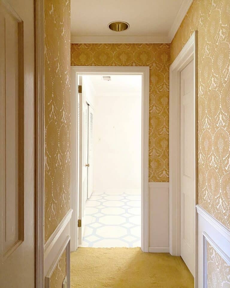 Patterned Wallpaper and Honey-colored Carpet