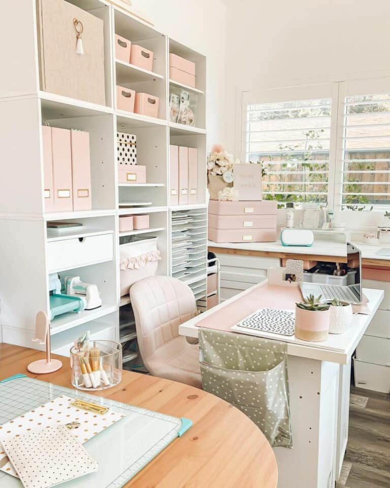 Pink Craft Room With White Modular Shelves