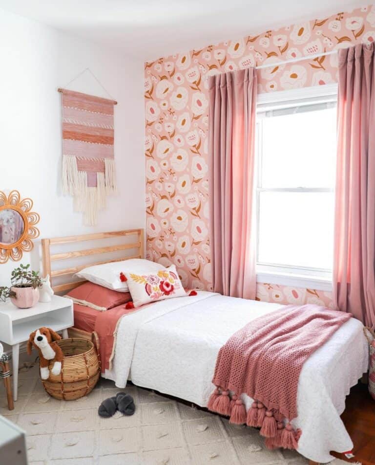 Pink Curtains Over Floral Accent Wall