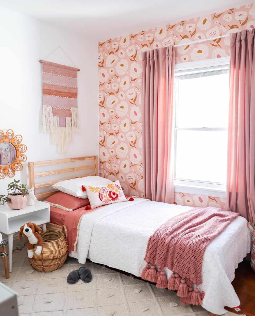 Pink Curtains Over Floral Accent Wall - Soul & Lane
