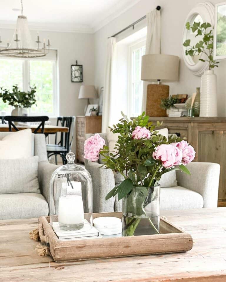 Pink Flowers Enhance Wooden Coffee Table
