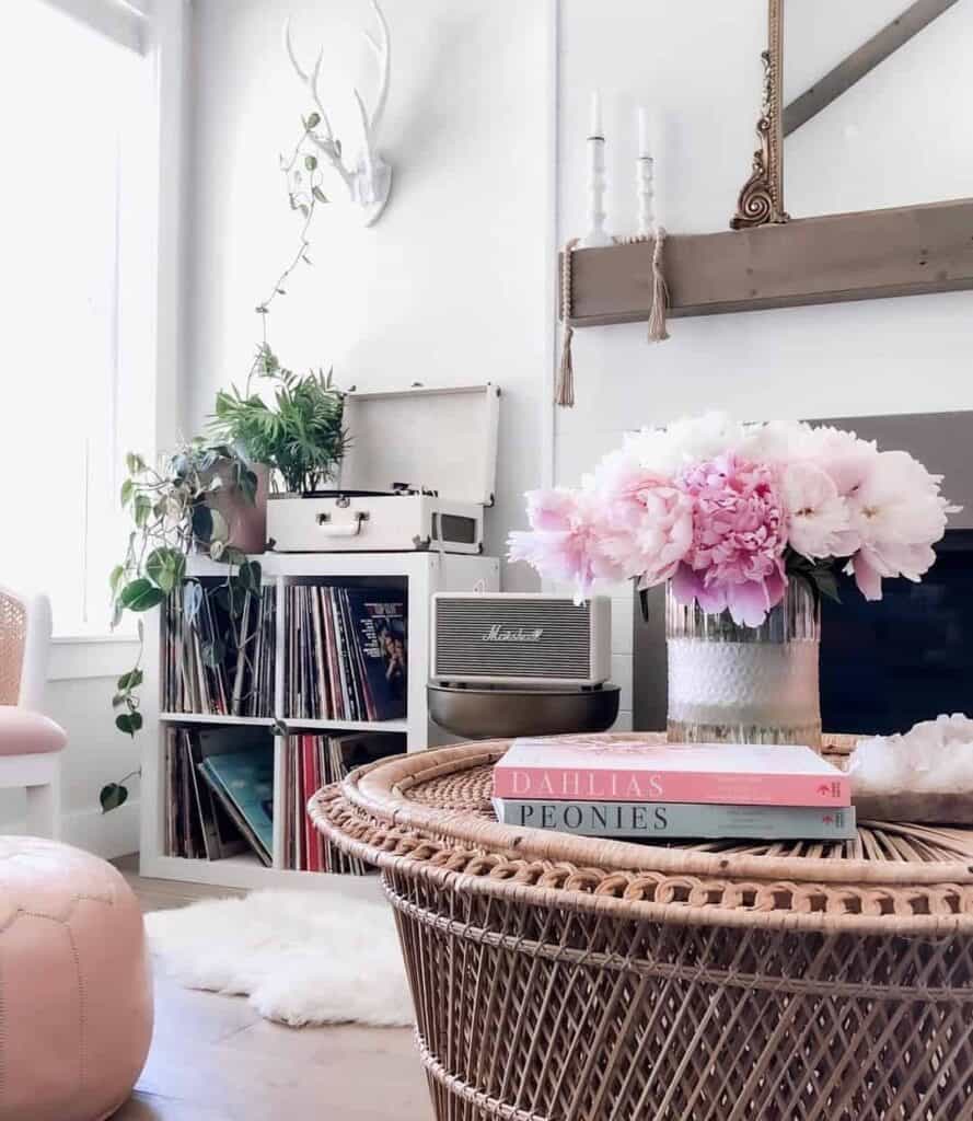 Pink Flowers on a Rattan Coffee Table