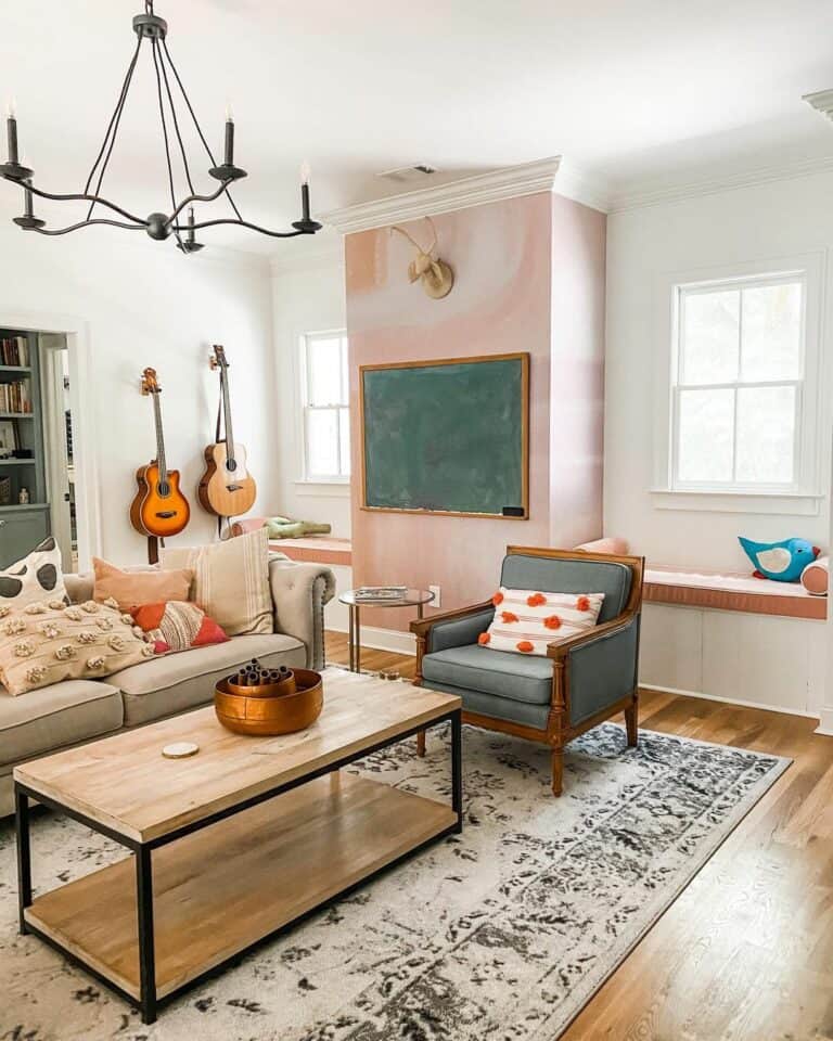Pink Living Room Accent Wall and Pink Pillows