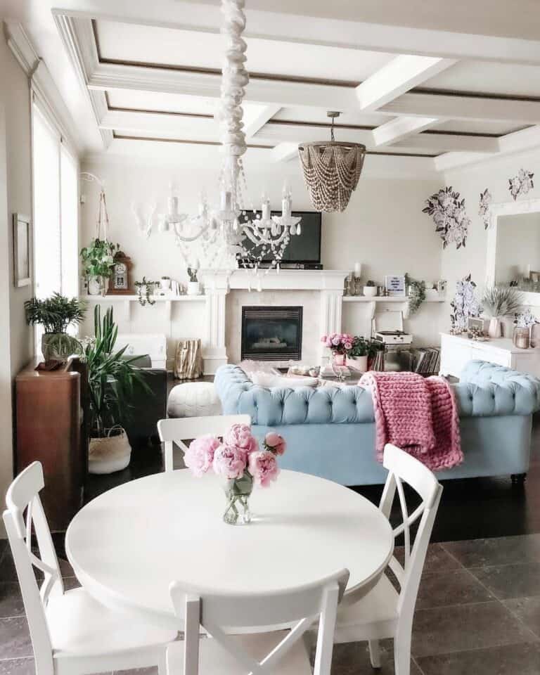 Pink and Blue Living Room With Coffered Ceiling
