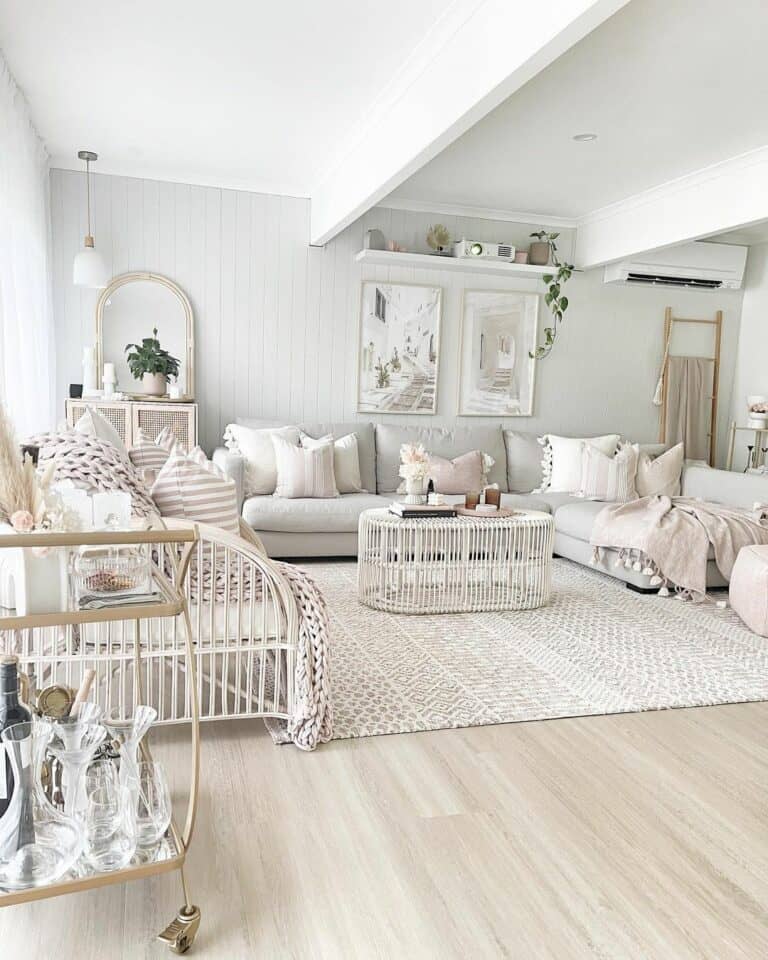 Pink and White Coastal Living Room