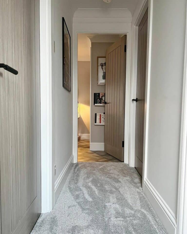 Planeled Gray Doors With Black Hardware