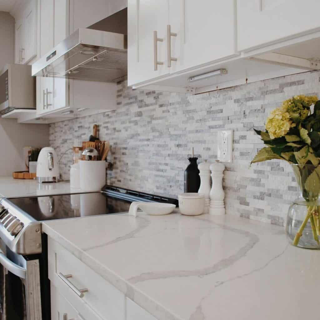 Quartz Kitchen Countertop With Matching Backsplash