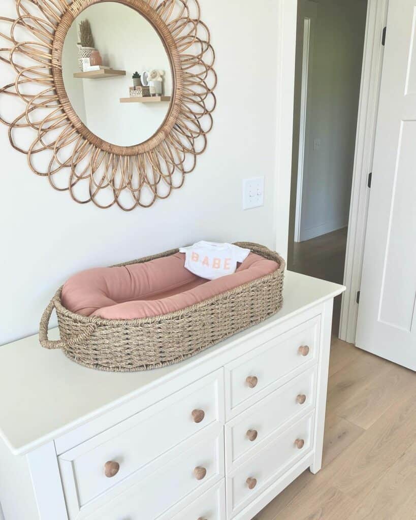 Rattan Mirror Above Nursery Changing Table