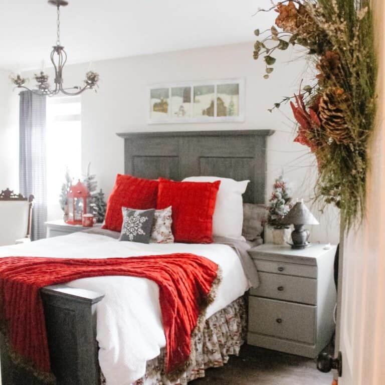 Red Bedding in Farmhouse Bedroom