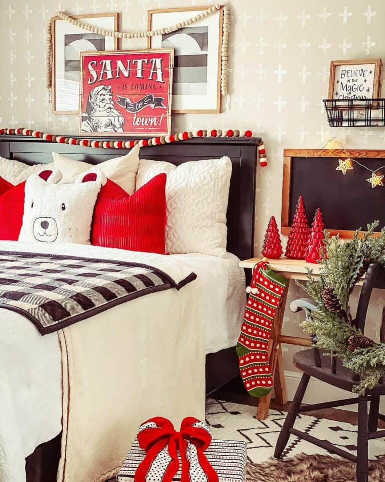 Red Christmas Decorations in Neutral Bedroom