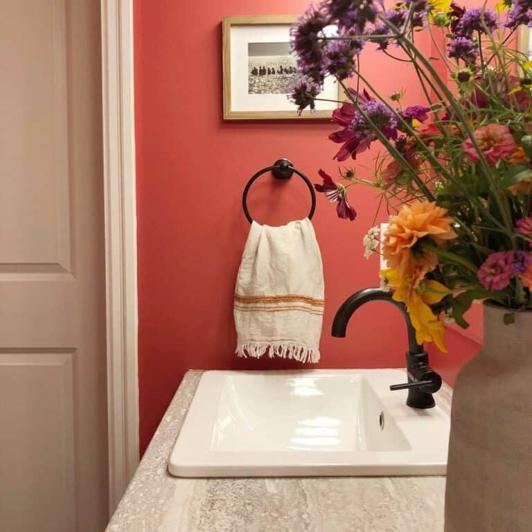 Red Farmhouse Bathroom Wall With Colorful Wildflowers