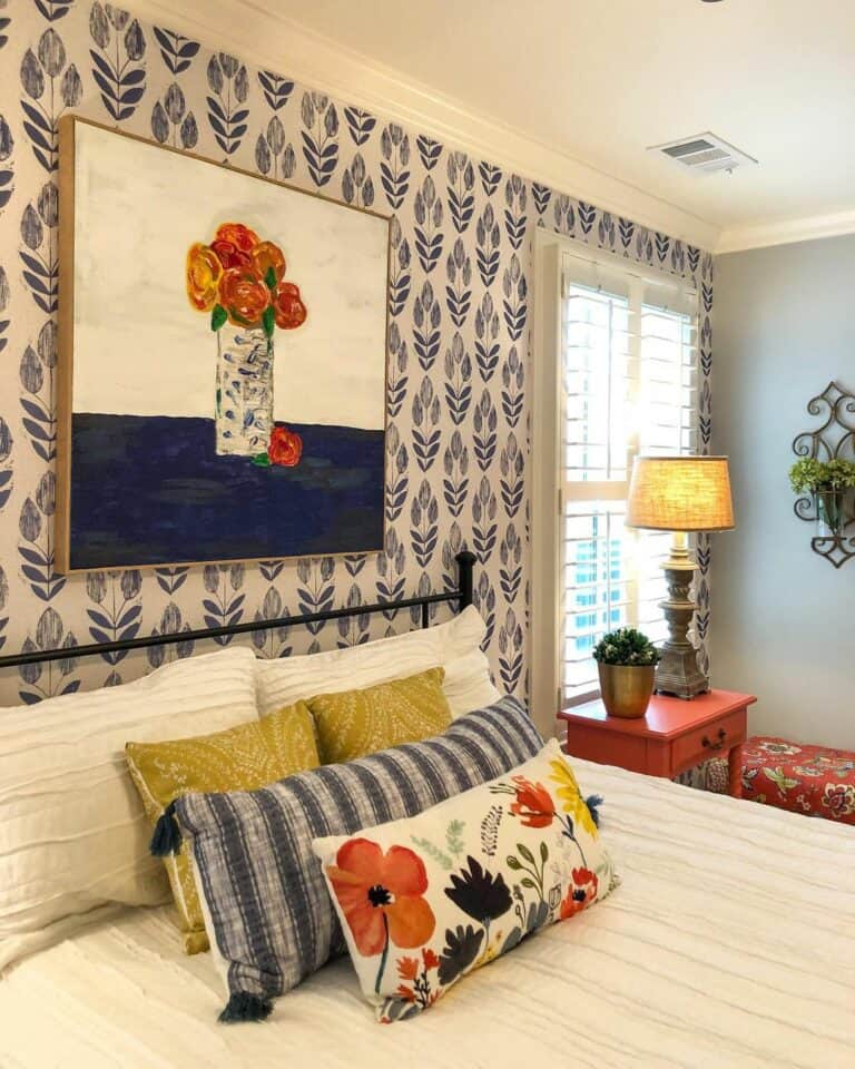 Red Floral Artwork Above Bed Ideas