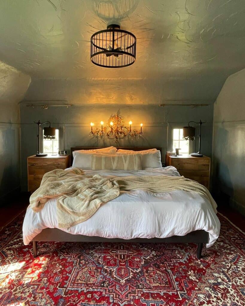 Red Tapestry Rug in Green Bedroom