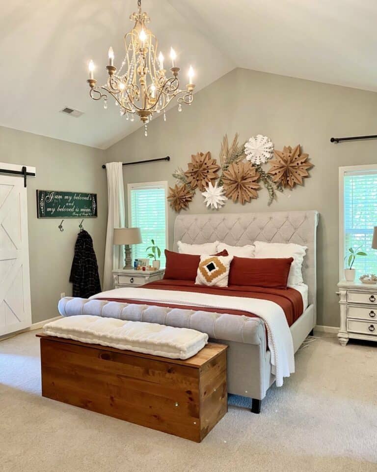 Red and Brown Rustic Bedroom With Vaulted Ceiling