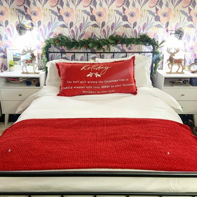 Red and White Bedding in Floral Bedroom