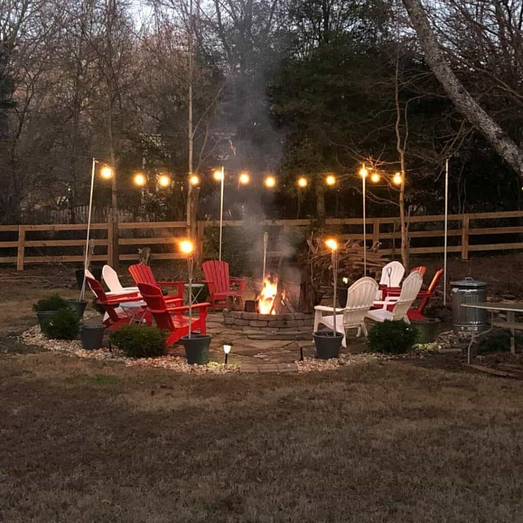 Red and White Chairs Around a Fire Pit