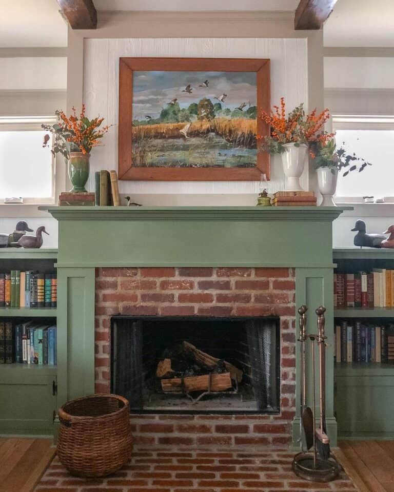 Red-brick Fireplace With Green Mantel