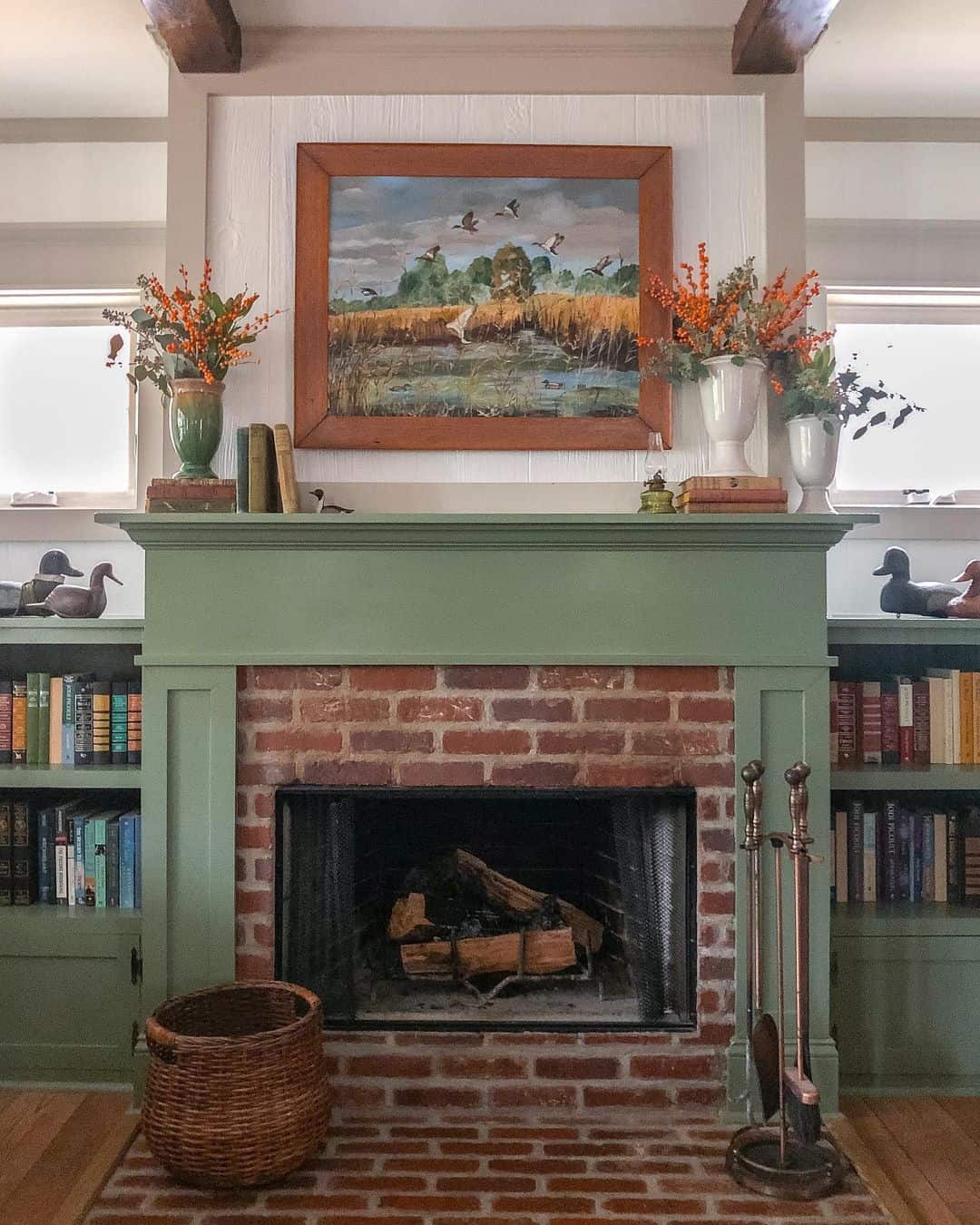 Redbrick Fireplace With Green Mantel Soul & Lane