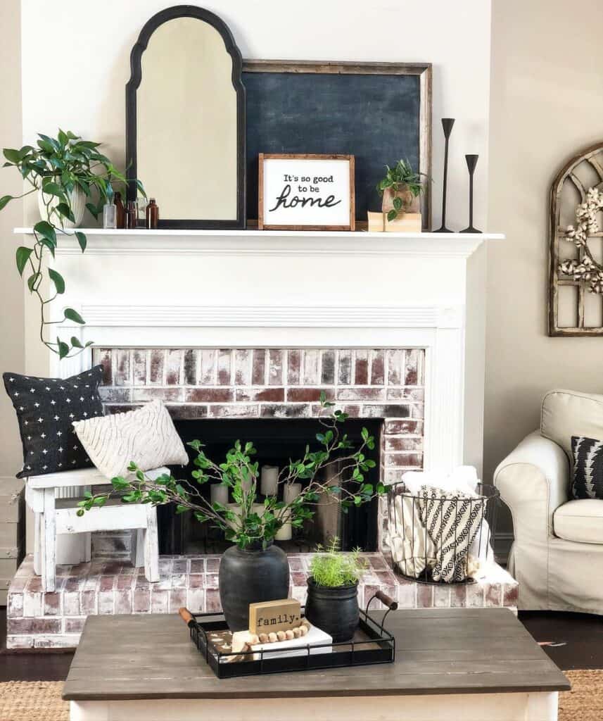 Red-brick Fireplace With a White Mantel