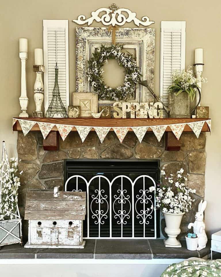 Repurposed Window Accessories for Rustic Spring FIreplace Décor