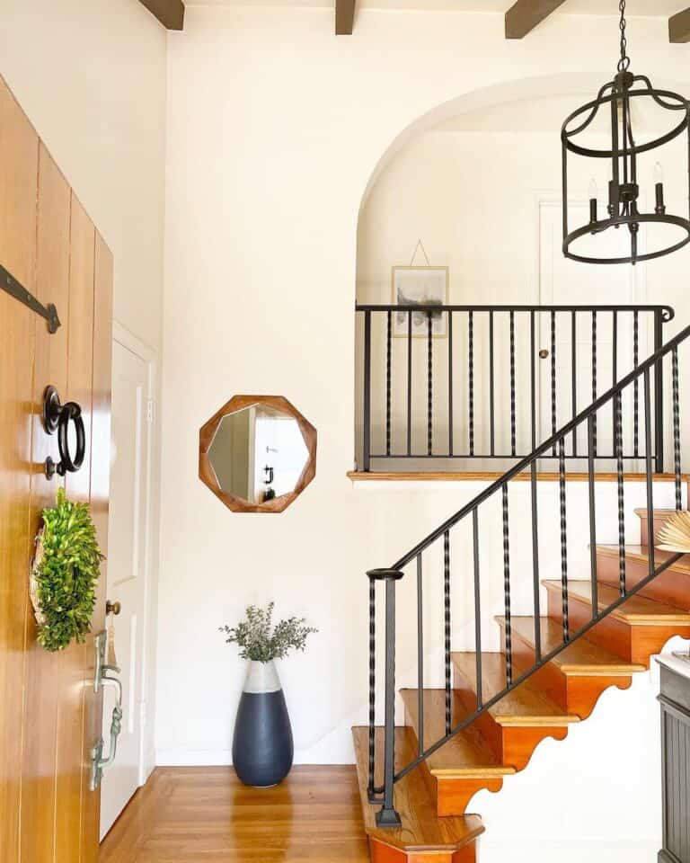 Rich Wood Staircase With Black Rails
