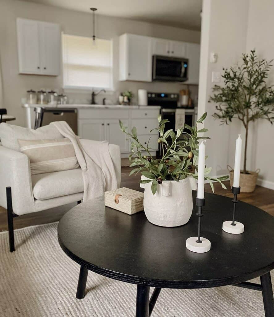 Round Black Coffee Table in Neutral Living Room