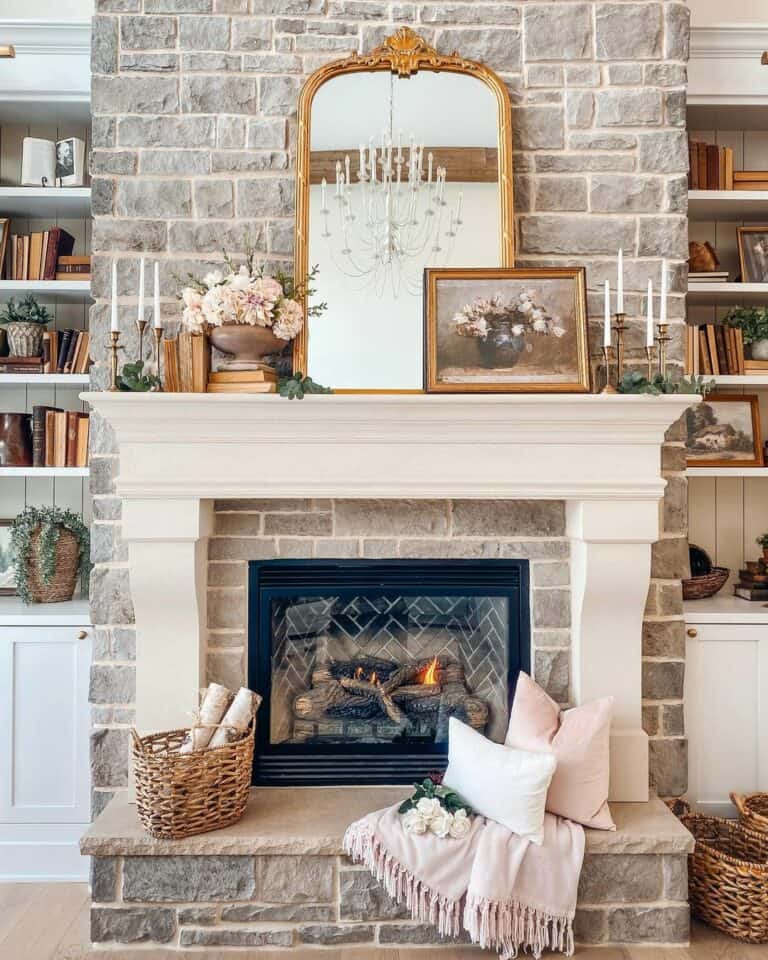 Rustic Brick Fireplace With White Cabinets