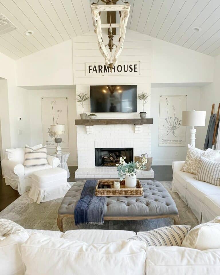 Rustic Chandelier Hangs From Shiplap Ceiling