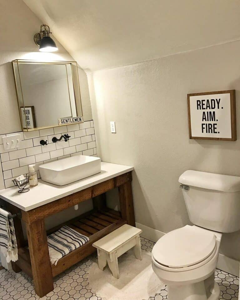 Rustic Farmhouse Bathroom With Subway Tile Accent Wall