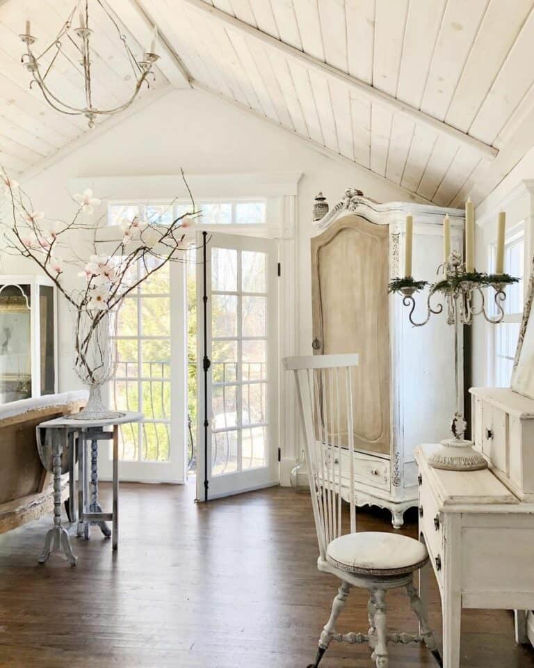 Rustic Farmhouse Living Room with Vaulted Shiplap Ceiling