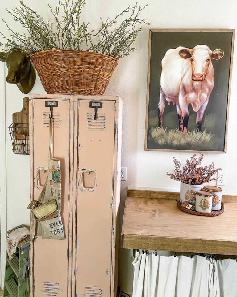 Rustic Hallway Storage With a Pastel Pink Locker