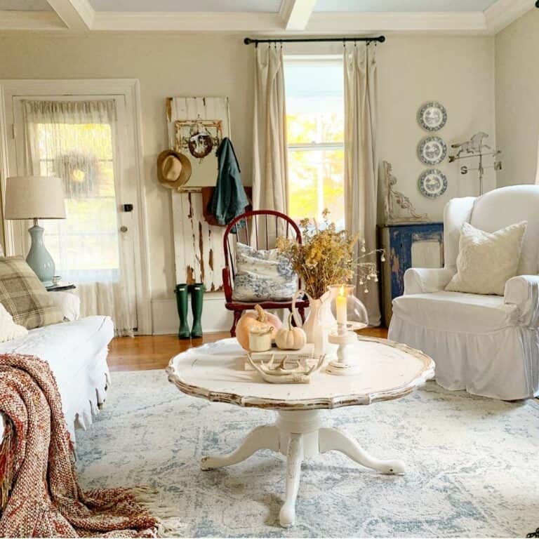 Rustic Living Room With Coffered Ceiling