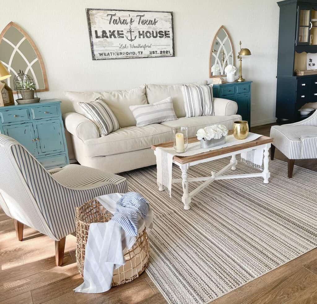 Rustic Living Room With Pops of Blue