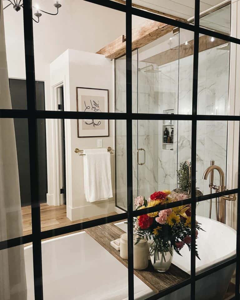 Rustic Luxury Master Bathroom With Exposed Beams