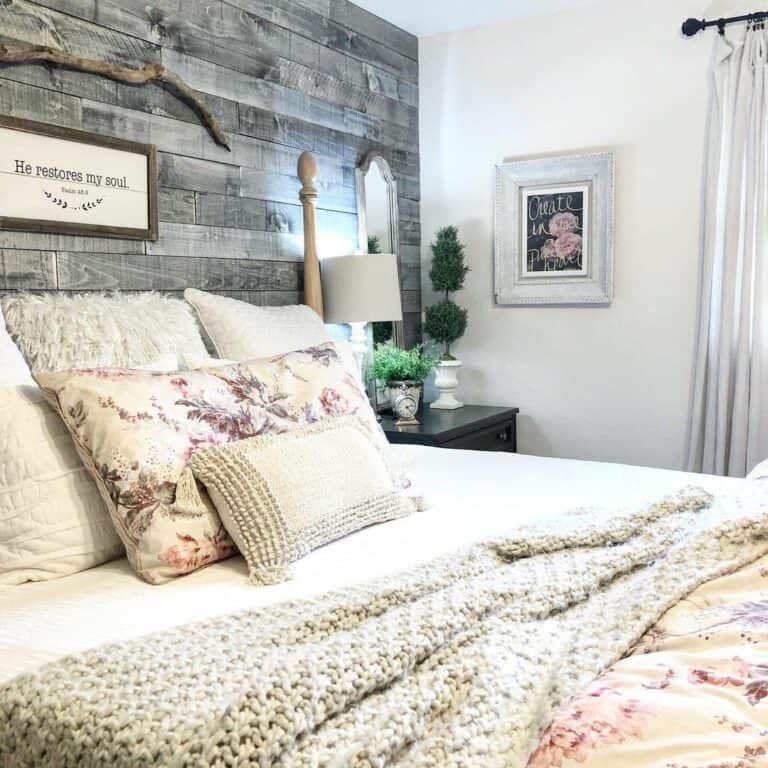 Rustic Shiplap Accent Wall and Floral Bedspread