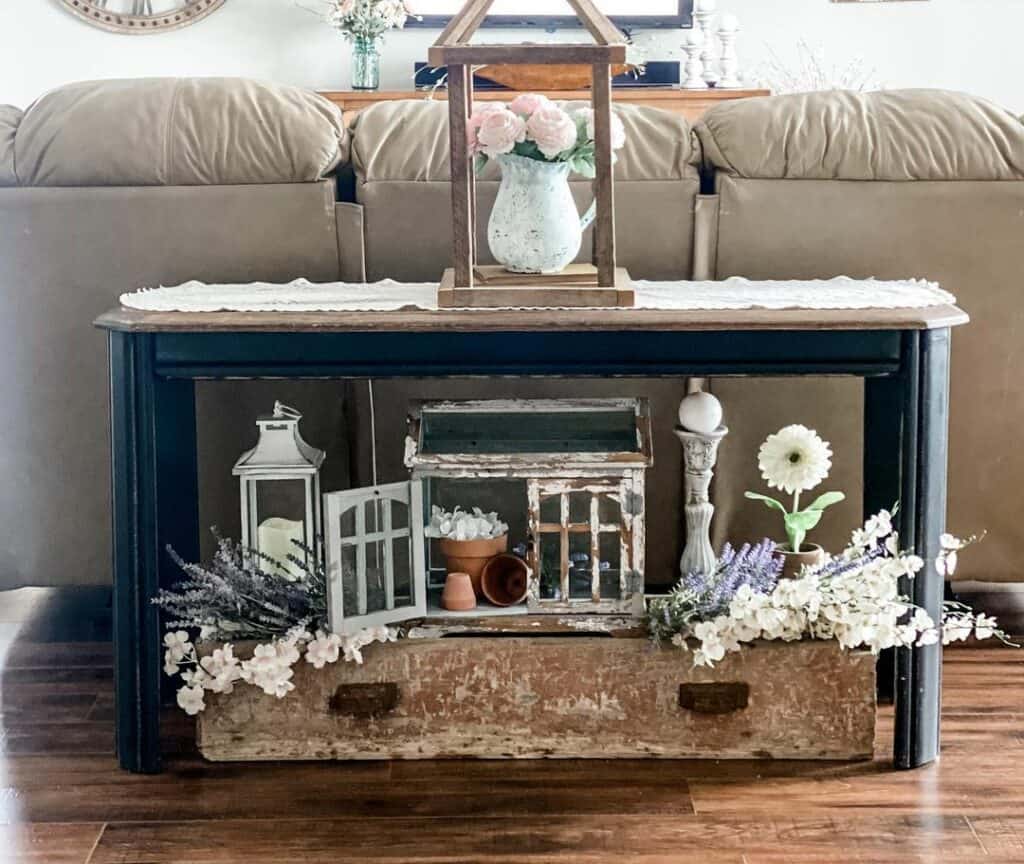 Rustic Tray Tucked Beneath Console Table