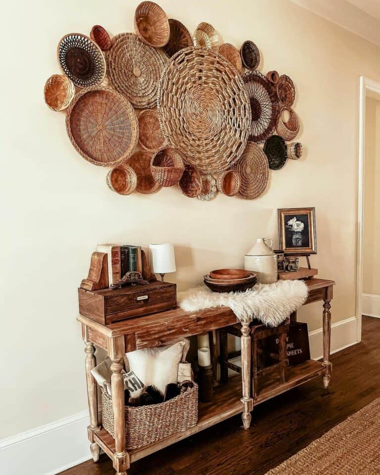 Rustic Warm Wood Console Table With Rattan Accents
