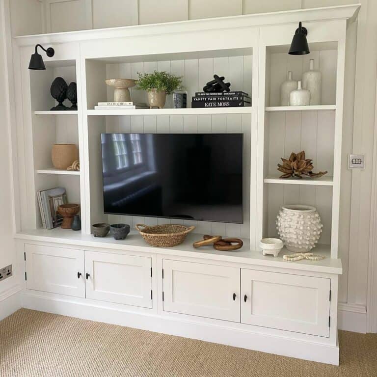 Rustic White Bookcase as TV Feature Wall