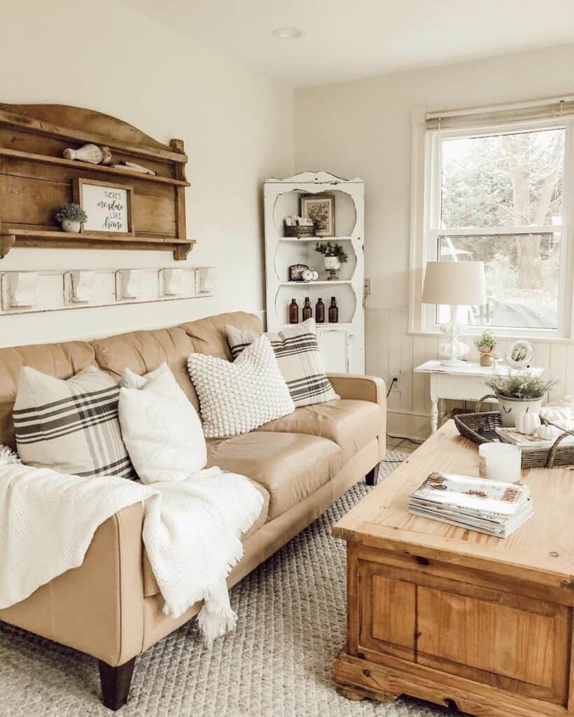 Rustic White Corner Hutch Next to Couch
