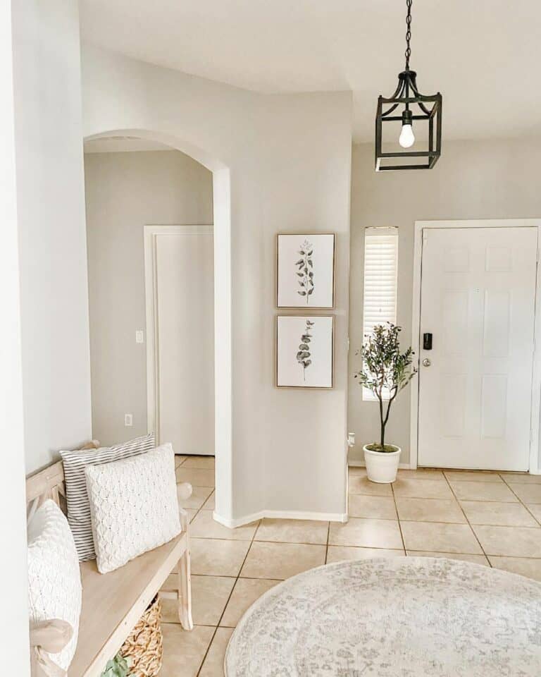 Rustic White Entryway With Round Mat