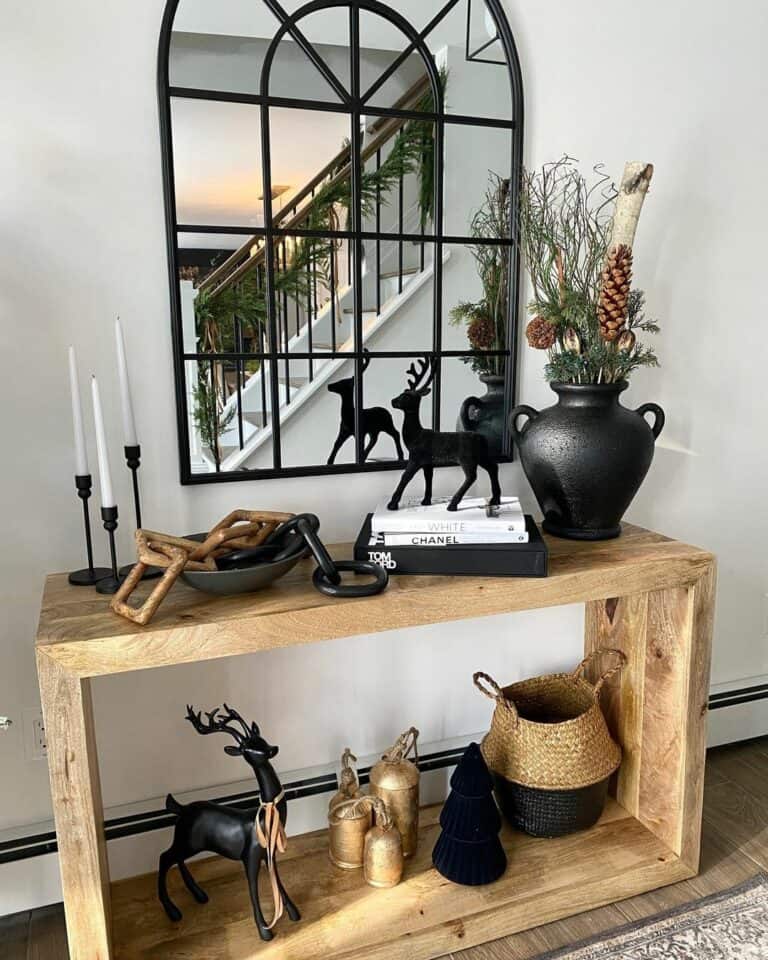 Rustic Wood Console Table with Black Christmas Display