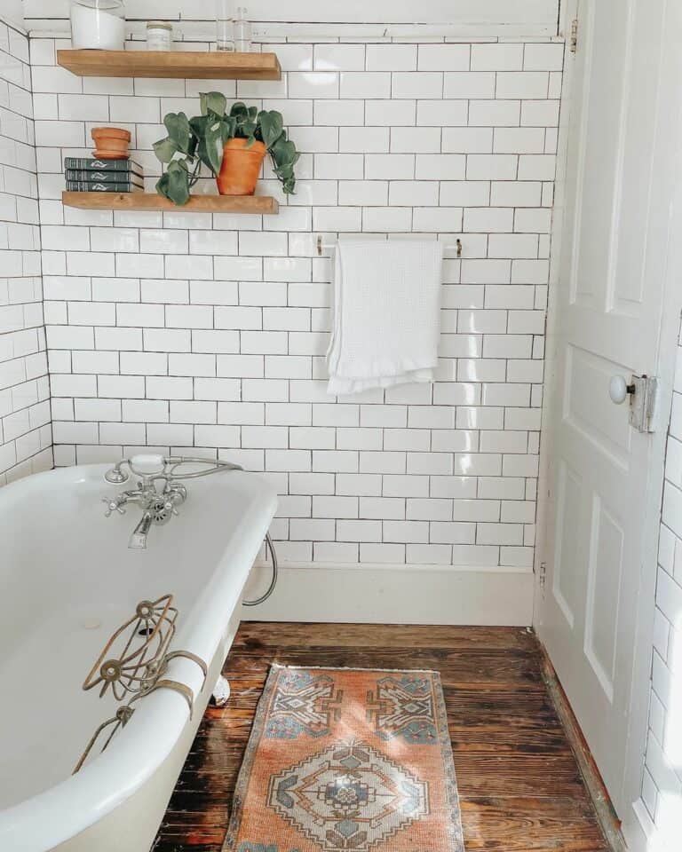 Rustic Wood Flooring in Subway Tile Bathroom