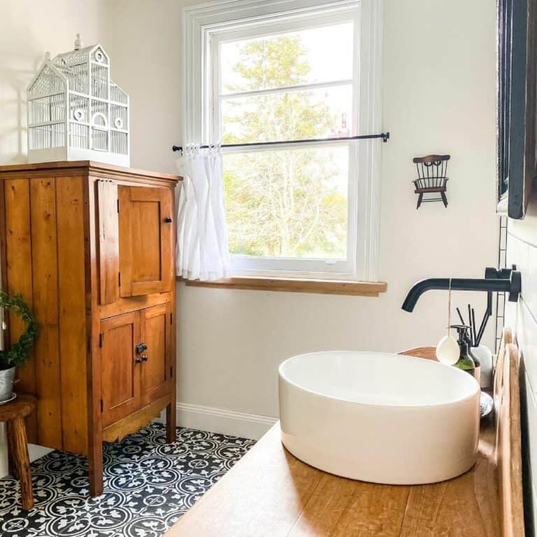 Rustic Wood Vanity With White Window Trim