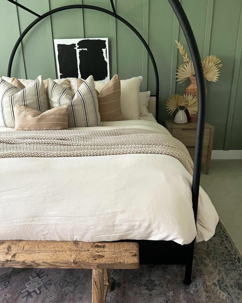 Sage Green Bedroom With Black Bed Frame - Soul & Lane